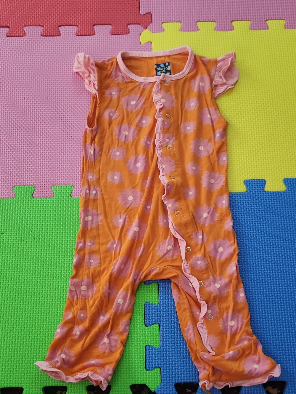 Kickee Pants Pink & Orange Floral Ruffle Sleeveless Pajama Romper